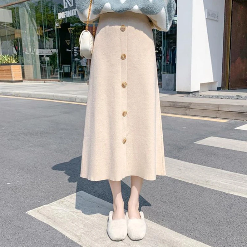 

Autumn and Winter Women's Solid Colors Knitted Midi High Waist A-Line Button Korean Fashion Casual All-match Office Lady Skirt