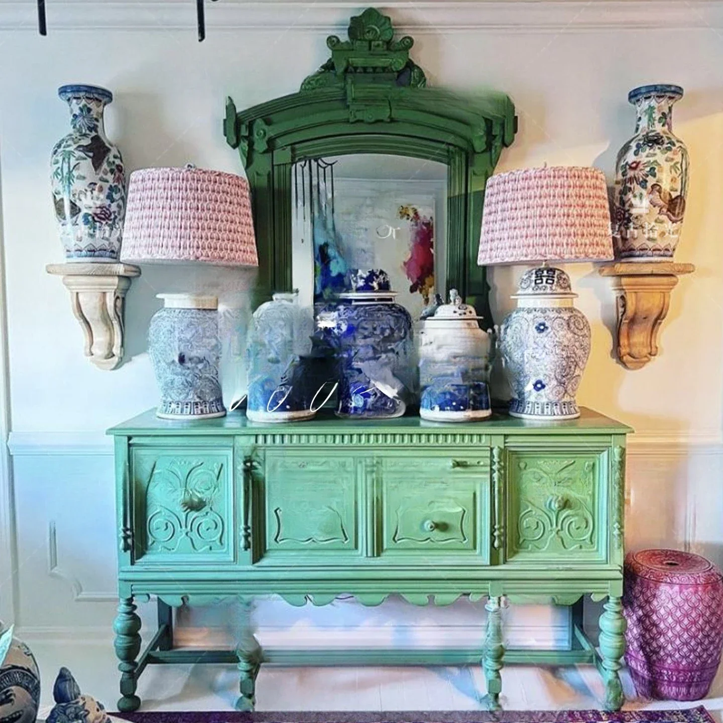 Retro solid wood carving flower porch cabinet, living room decorative cabinet, locker, home display cabinet