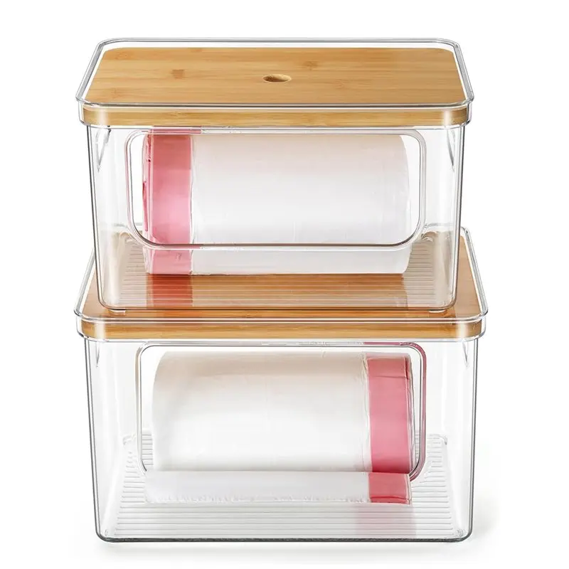 【EFFICIENT 】For Kitchen And Laundry Room Trash Bag Dispenser, Acrylic Garbage Bag Holder With Bamboo Top, Stackable Organizer 2-
