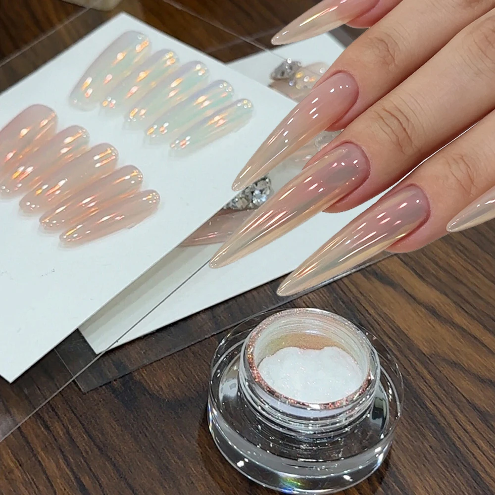 1Jar Sparkling Aurora Pearl Nail Magic Mirror Powder Chrome Sunset Pink Orange Polarized Ultra Fine Chrome Nail Glitter Dust FT3