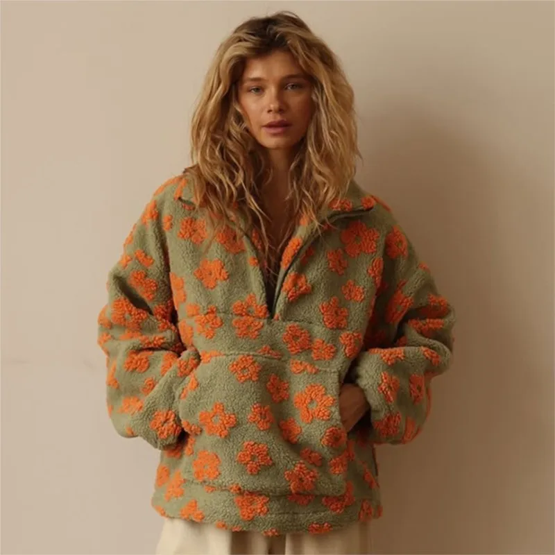Women's Stand Up Collar Half Zip Flower Pattern Plush Pullover Autumn Winter Loose Fit Warm Stylish Sweatshirt