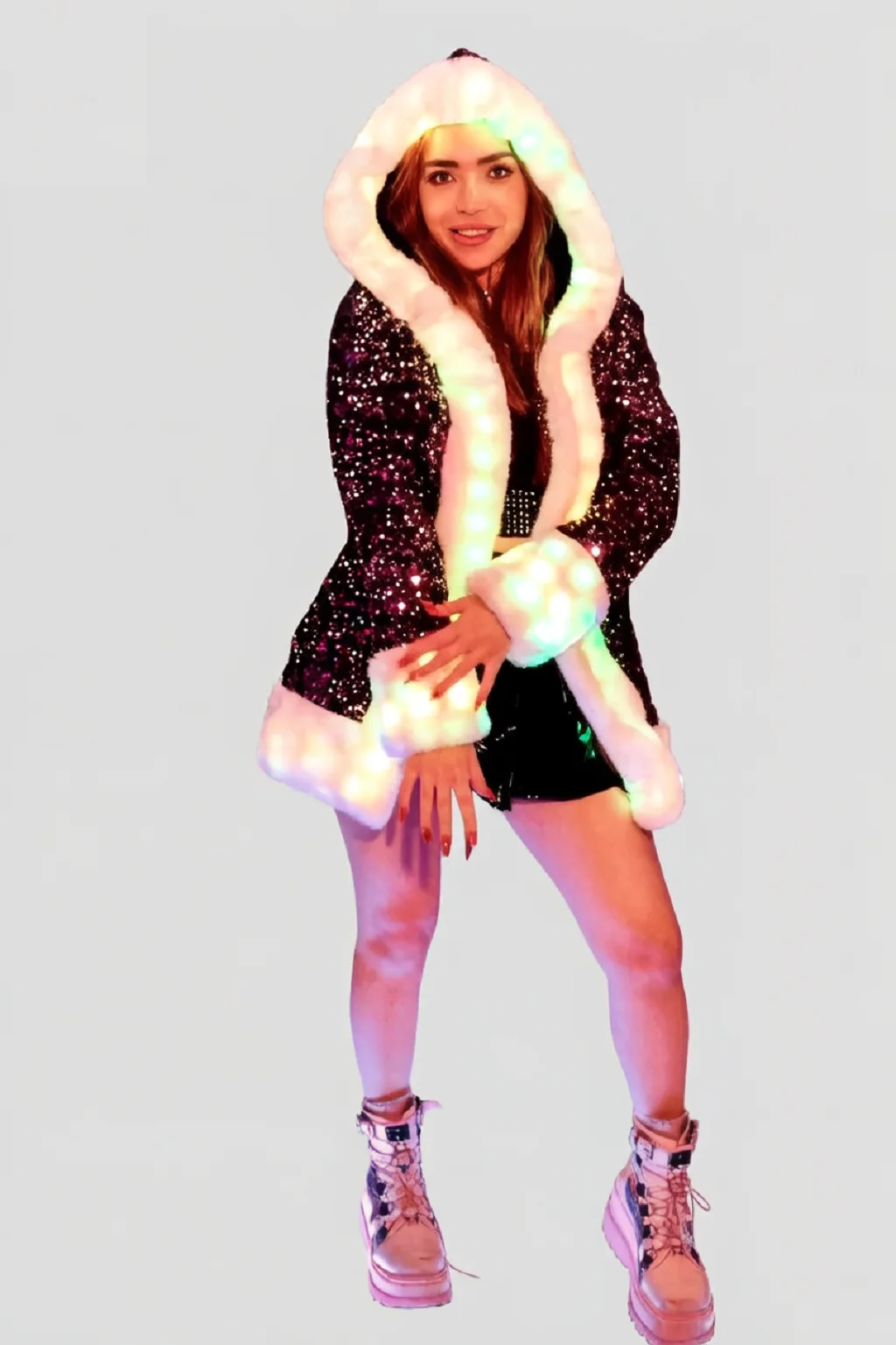 

LED Faux Fur Coat Dance Party Jacket Womens Light Up Costume Gogo Warm Costume Stage Performance Holiday Party Nightclu Womens