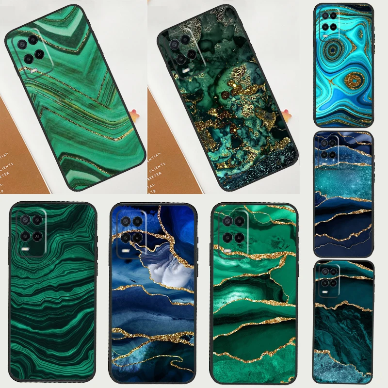 Gold Indigo Faux Malachite Case For OPPO A74 A94 A54 A15 A5S A1K A52 A72 A83 A91 A93 A53S A31 A53 A5 A9 2020 Cover