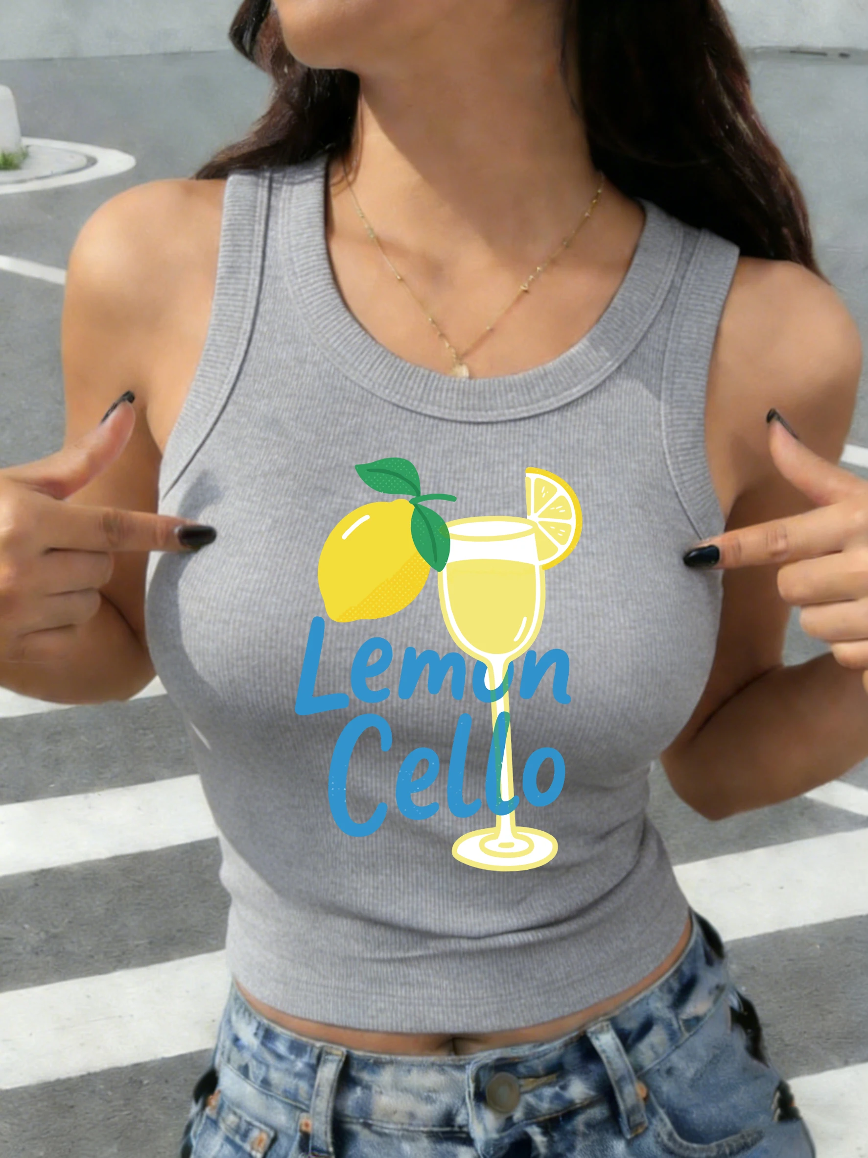 

Lemon Cello Fruit Drinks Print Women Korean Vest Summer Fashion Sleeveless Camisole Casual Singlet Breathable Cotton Tank Tops