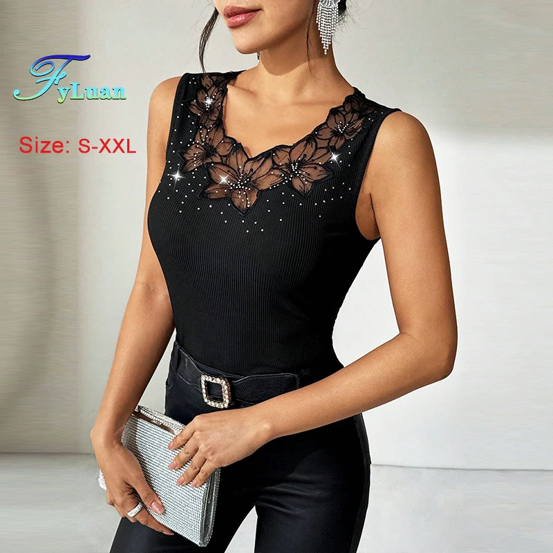 الصيف الأسود المرأة فيستدوس الدانتيل الربط الساخن الراين الديكور الإناث ضيق المناسب أعلى مثير أكمام الحمالة اليومية #2