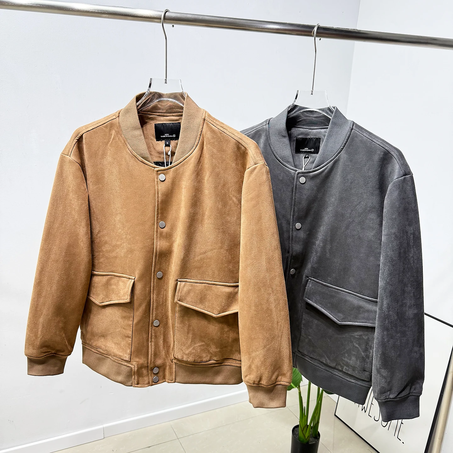 

Men's Suede Jacket Spring Lightweight Baseball Collar Zipper Casual Elastic Leisure Fashion Outerwear Long Sleeve Coat