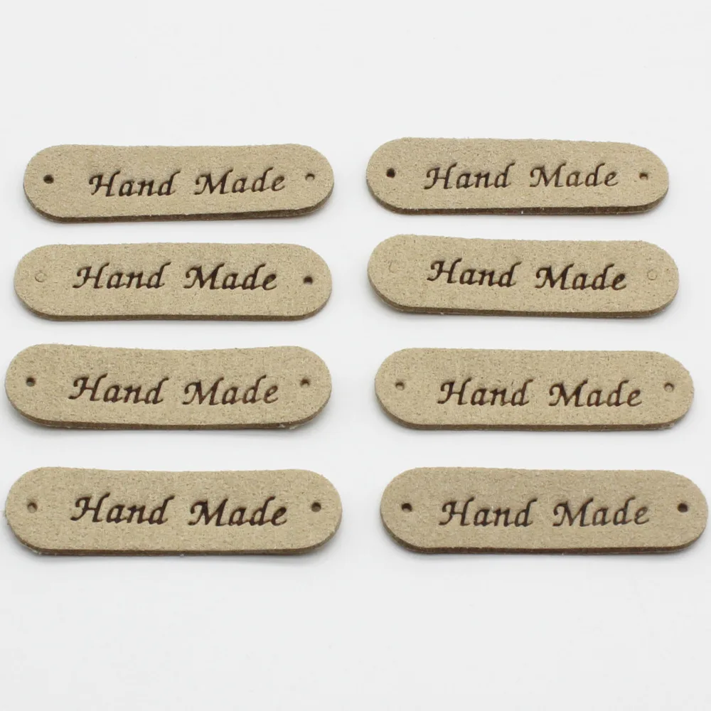 50pcs One Color Stock Colorful Handmade Letter Microfiber Leather Labels Round Corner 2 Holes DIY Tags for Hats Bags Clothing