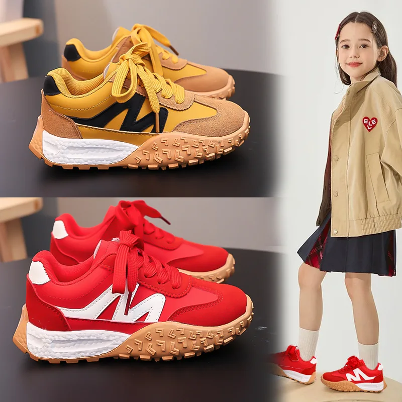 Kids'Casual Shoes 2025 Sneakers PU Spring Shoes for Children Anti-slip Breathable Thick Bottom Red Yellow Shoes Size 26-37