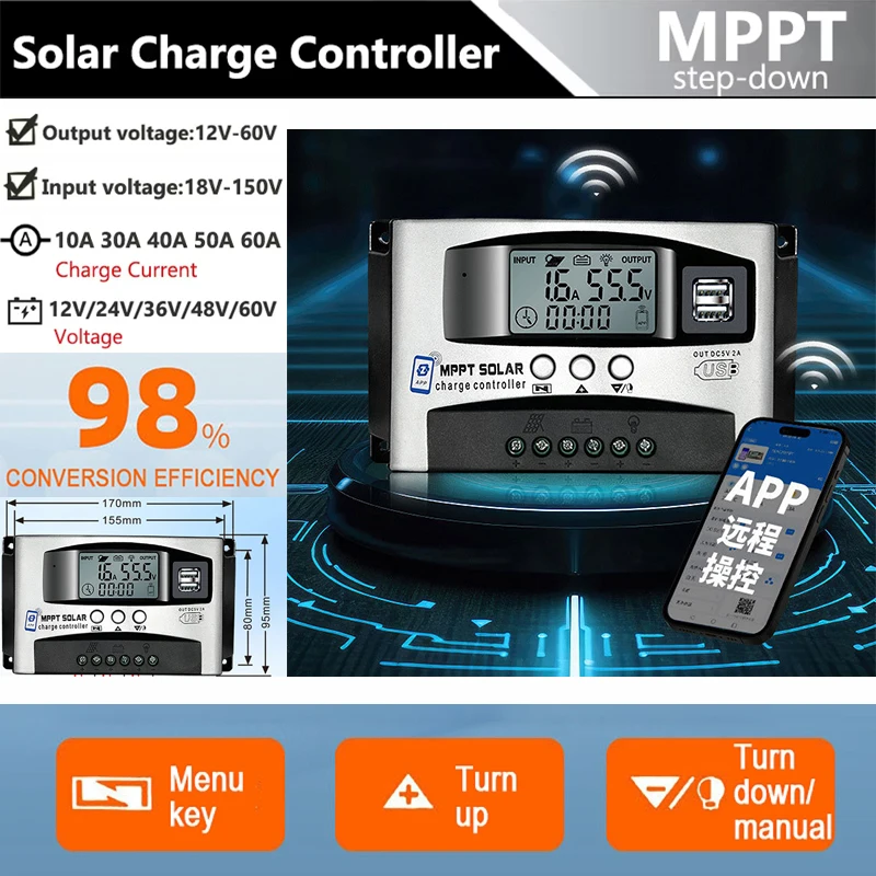 10A 30A 40A 50A 60A Step-down MPPT Solar Charging Controller LCD Dual USB Bluetooth 18V-150V Wide Voltage Charge Regulator