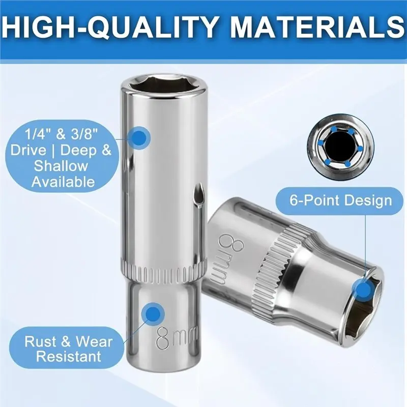 AC88 12Pcs 8mm Deep & Shallow Socket Set, 1/4 & 3/8 Inch Drive 6-Point Impact Socket for Car Repair & Electric Wrench