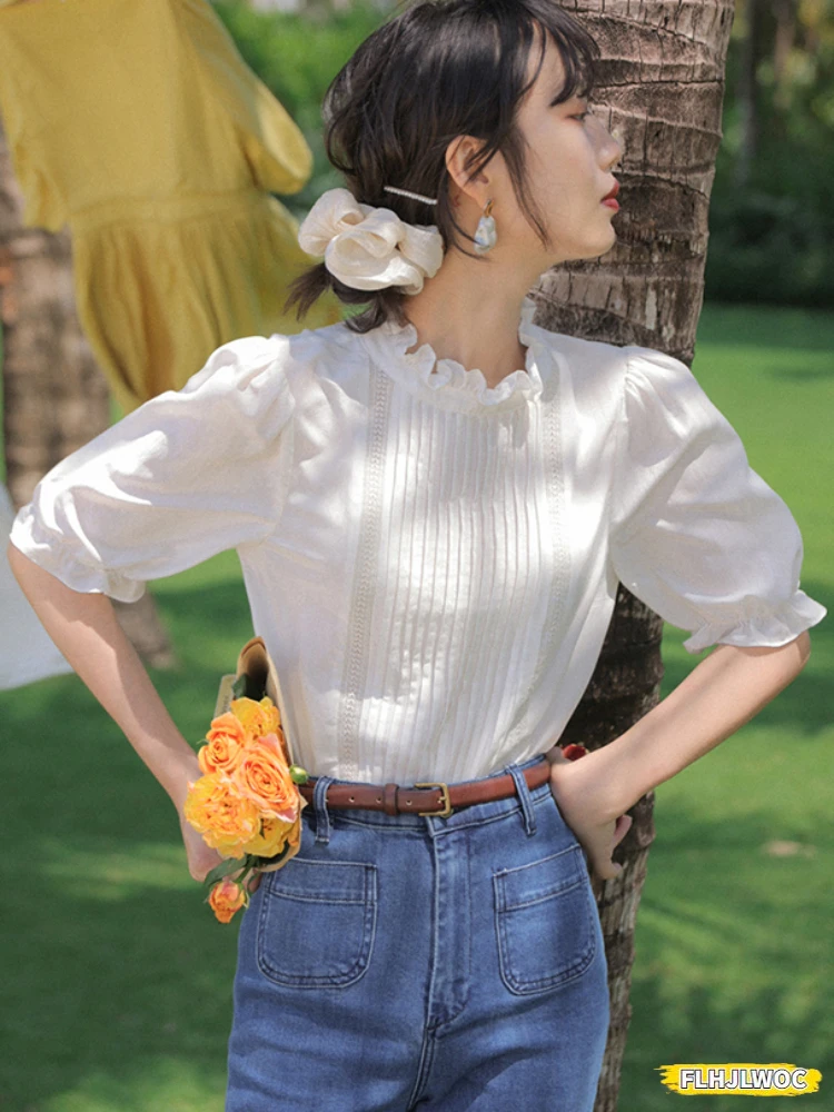 Retro Vintage Cotton Blends Tops Blouses New Design 2024 Summer Woman Cute Japan Girls Ruffles White Hollow Out Lace Shirts