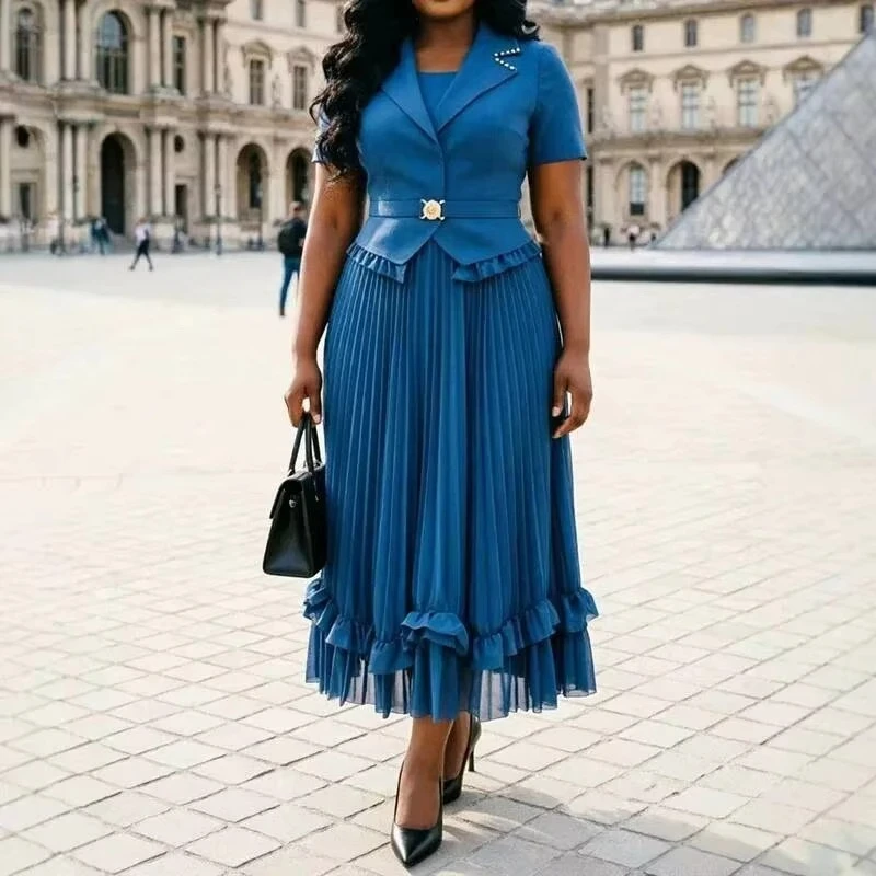 ANLAN Ruffle Hem Pleated Fake Two Pieces Design Women's Dress Notched Collar Short Sleeve Black Fashion Summer Dresses 9AN7315