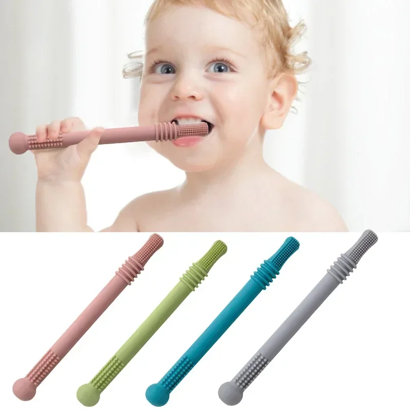 Baby Chewable Safe Toy Silicone Molar Straw Teether Baby Teething Toys Molar Silicone Handle Baby Safety Toy