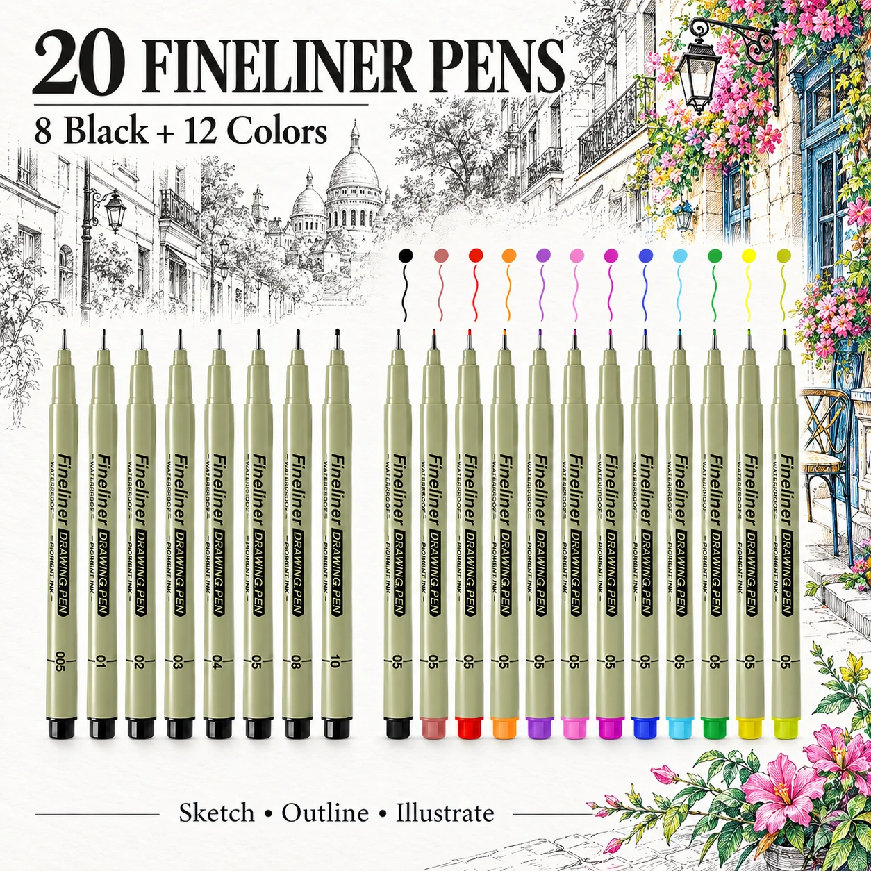 20PCS Fineliner Drawing Pens Set, Including 12 Colored and 8 Black Office Supplies with Multiple Tip Sizes Pen for DIY