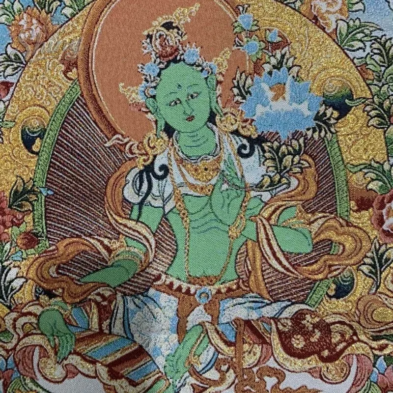 35.4″ Green Tara Statue Brocade Tibetan Tangka Embroidery Painting Gold Thread Embroidery Decorative Hanging Pictures