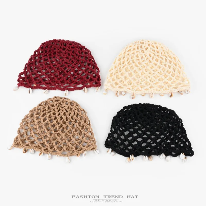 Women's Summer Autumn Handmade Crochet Shell Pendant Hollow Knit Hat Sweet Breathable Beanie