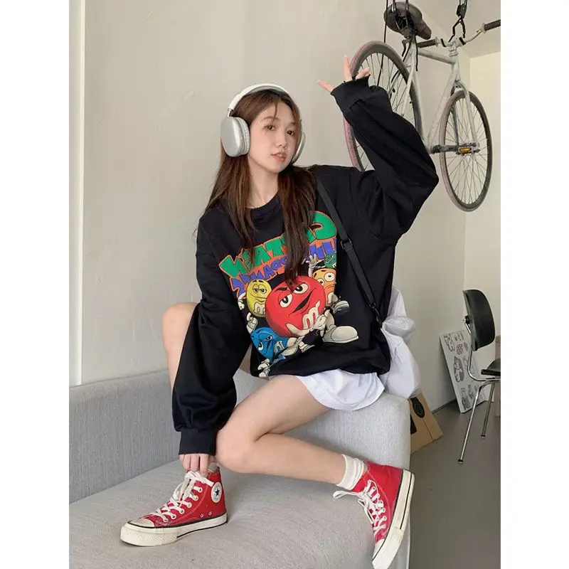 American Funny Beans Cartoon Graphic Hoodies Women Hip Hop Oversized Sweatshirt Autumn Winter All-match Couples Kawaii Clothes