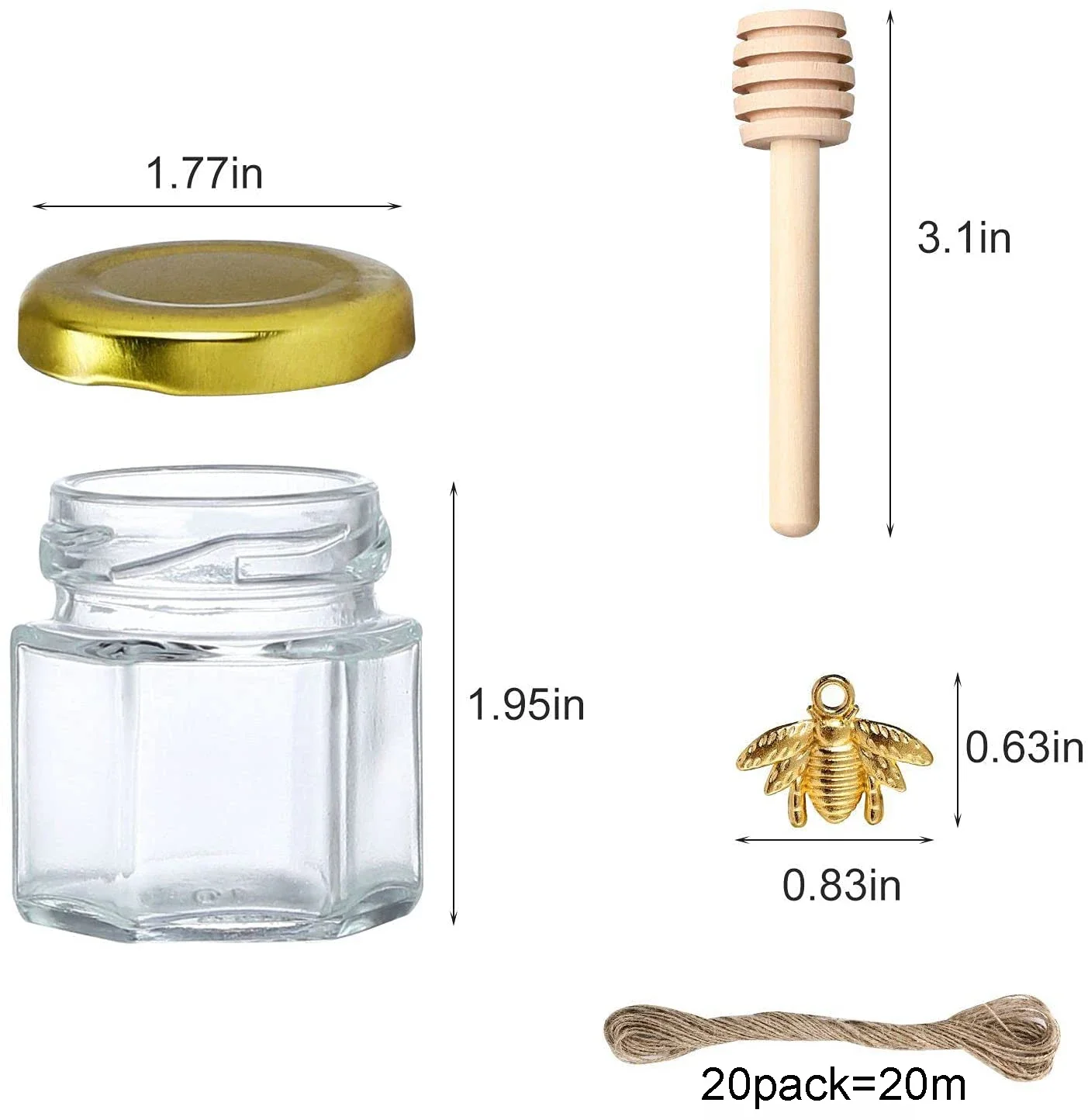 30PCS 1.5/2OZ Honey Glass Hexagonal Party Favors Empty  Bee Pendants Gold Lid Mini Hexagons Glass Honey Jar With Wooden Dipper