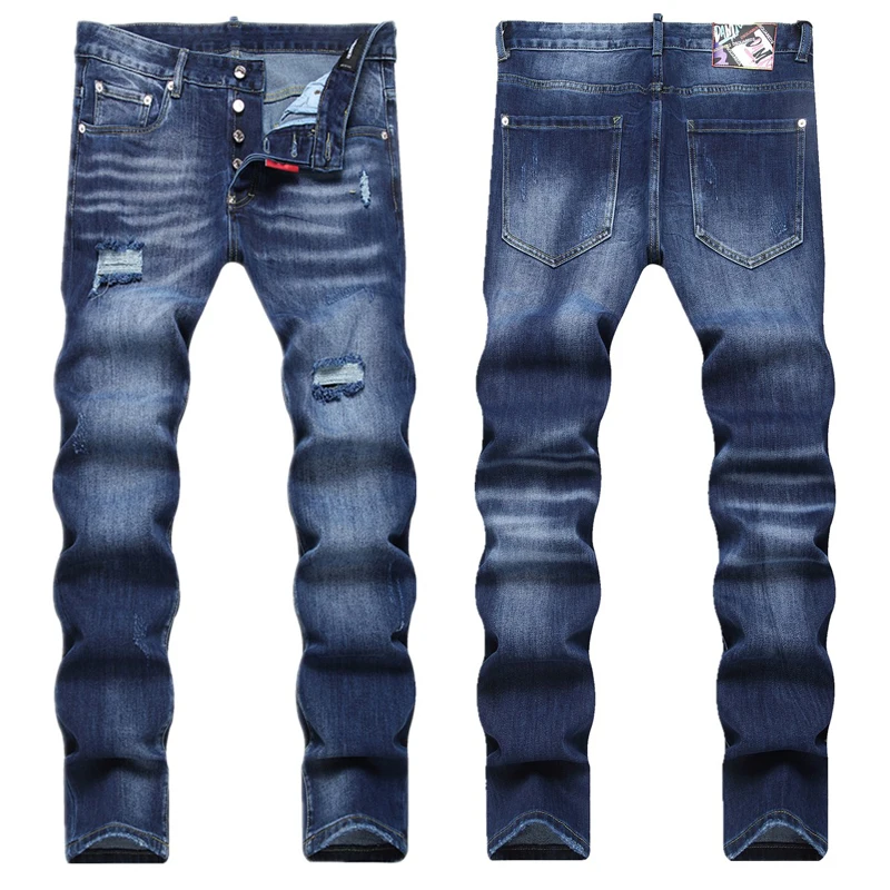 Calça jeans elástica perfurado masculino, calça slim fit, calça jeans azul, Hip Hop danificado, buraco, alta qualidade, D2