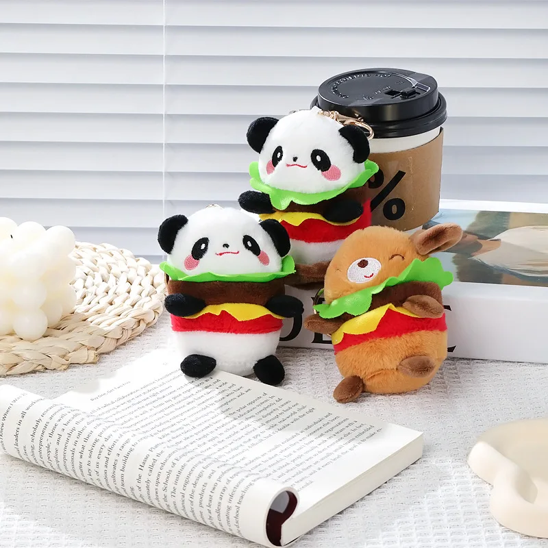 Nieuwe Schattige Hamburger Panda Hond Pluche Speelgoed Pop Sleutelhanger Cartoon Zachte Pluche Hond Pop Rugzak Hanger Verjaardagscadeaus