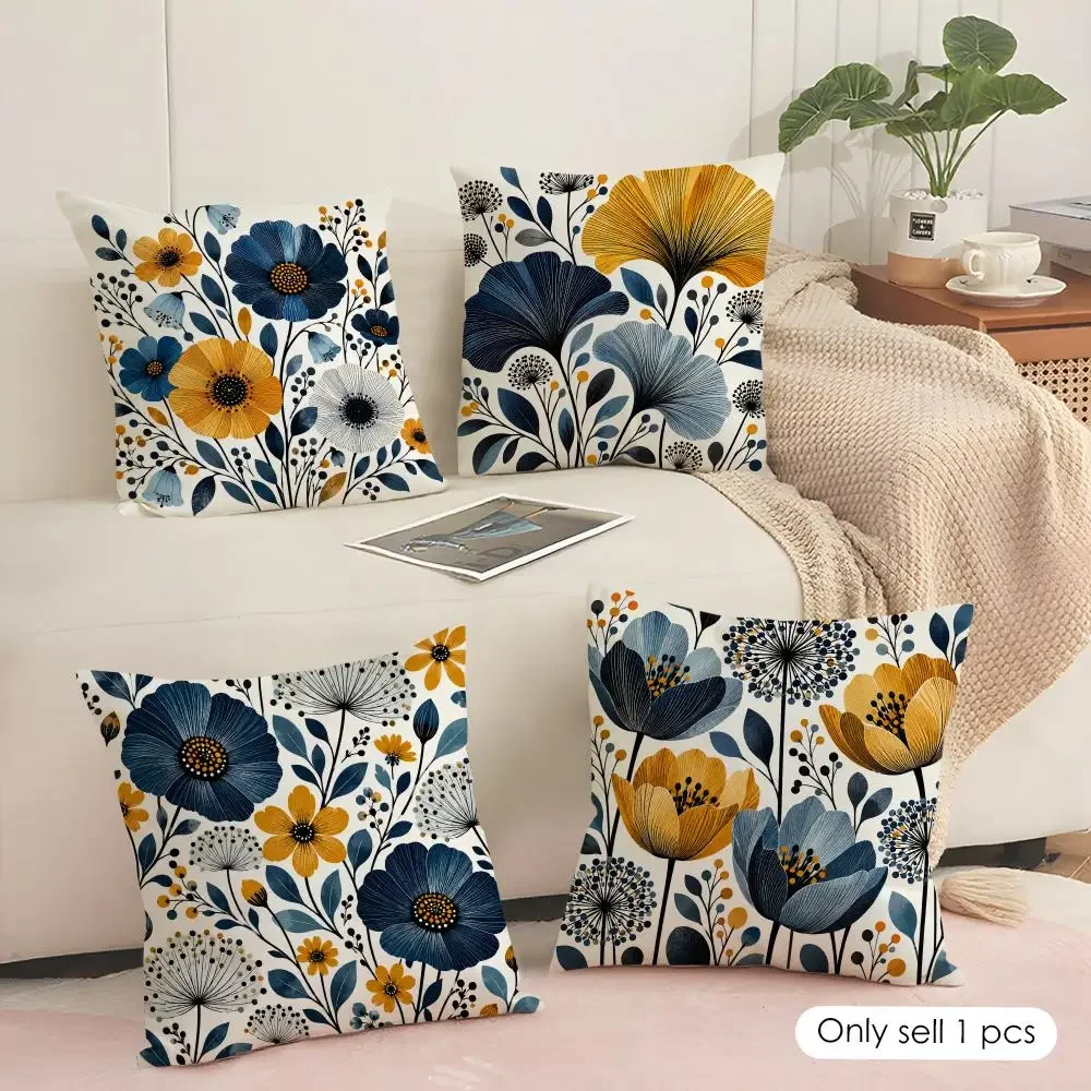 Navy Ochre Linework Florals Cushion Cover Soft Short Plush Pillow Cover Smooth Cozy Texture Aesthetic Cushion Case Home Decor