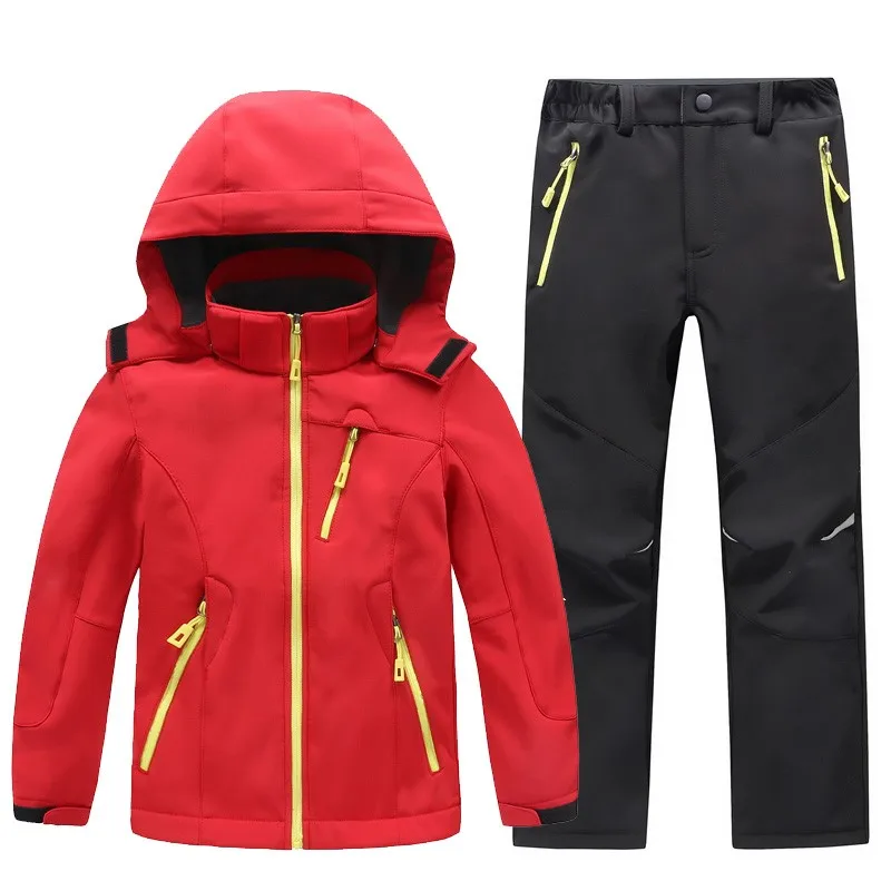 Herbst Winter Junge Mädchen Mantel Hosen Set Haube Im Freien Camping Wandern Ski Snowboard Kleidung Student Winddicht Wasserdichte Jacke