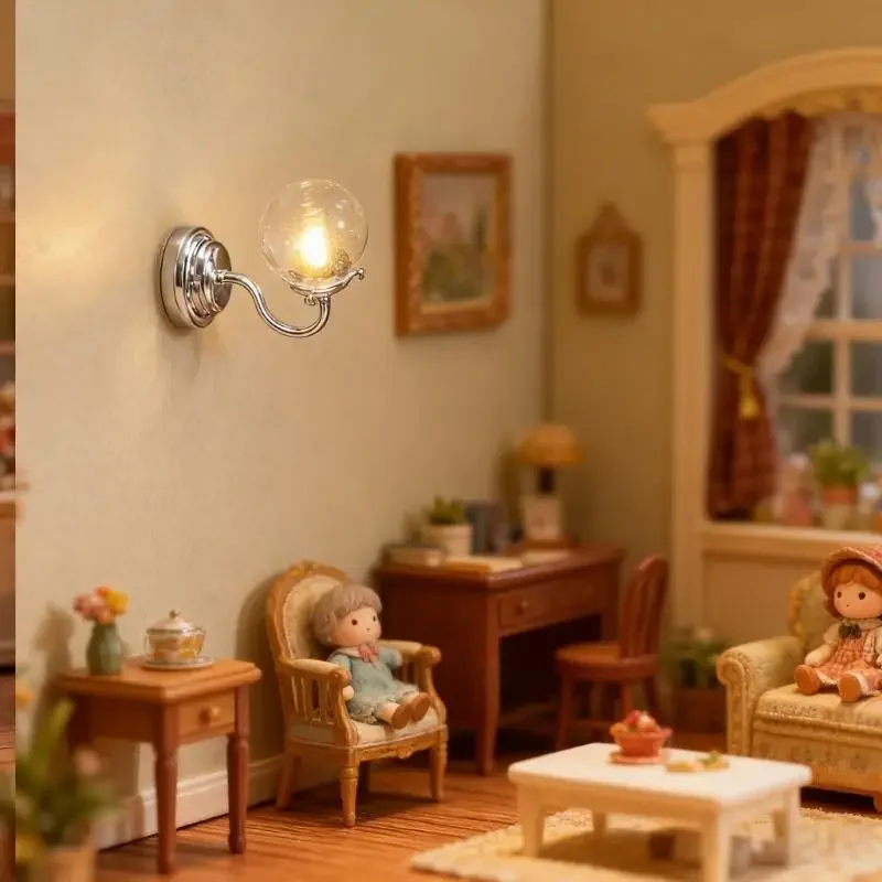 Modelo lâmpada parede moderna, estatueta vidro transparente, moldura metal preta, iluminação miniatura, escala