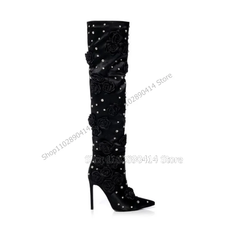 Black Flower Appliques Crystal Decor Silk Boots Thigh High Women Shoes Thin High Heels Pointed Toe Sexy 2023 Zapatos Para Mujere