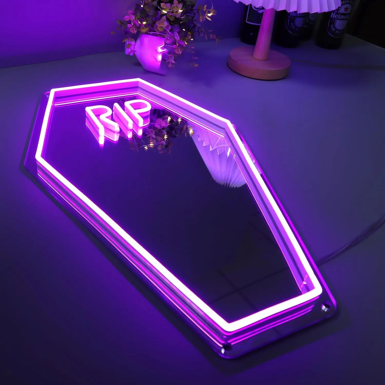 Coffin RIP Neon Mirror Signs, LED Neon Lights for Wall Room Decor, Halloween Gothic Lover, Party Gift