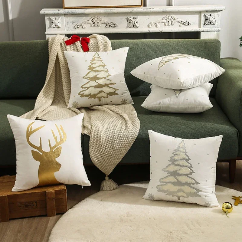 2PCS Christmas Pillow Cover Red Green Elk Gilt Cushion Cover Christmas Tree Snowflake Embroidery Pillow Cover Holiday Home Decor