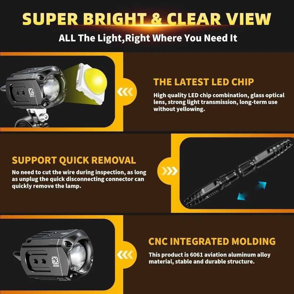 Kit d'éclairage LED auxiliaire pour moto, projecteurs de conduite, antibrouillard blanc/ambre