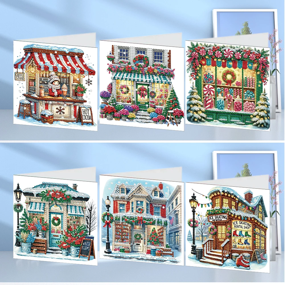 Xmas Resin Art - 6-teiliges DIY-Diamantmalerei-Grußkarten-Set mit Weihnachts-Blumenmuster, Diamantkunst-Grußkarten, Dankeskarten