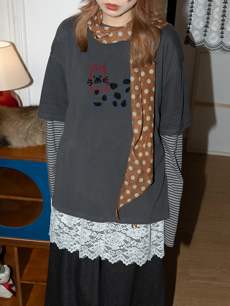 

Ретро-футболка с длинным рукавом и принтом, свободного кроя, повседневная одежда, новинка, универсальный хлопковый топ для мужчин и женщин на осень-зиму