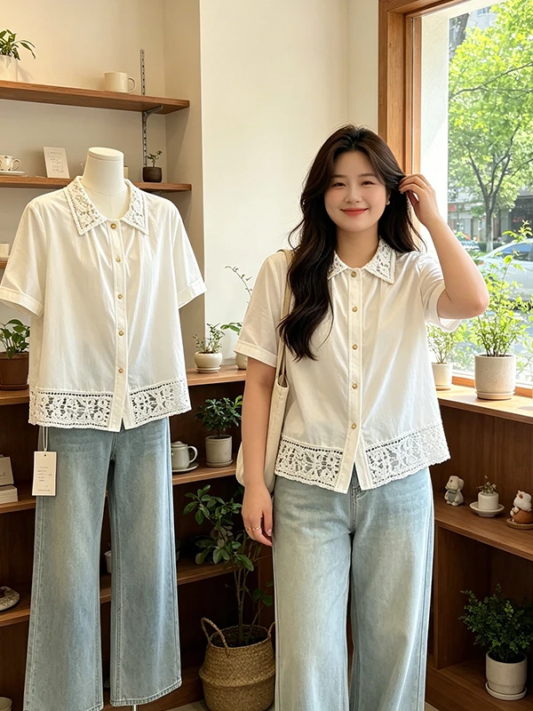 

Loose Short Sleeve Women's Shirt Vintage Splicing Lace Patchwork Fat MM Summer New Design Sensation Beige Floral Top