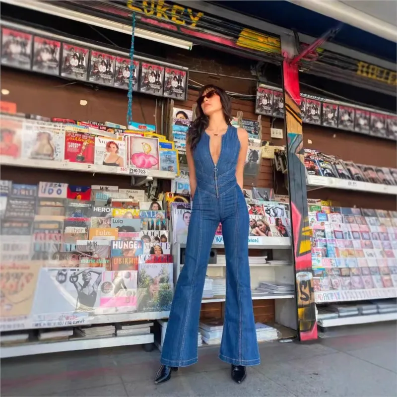

Sexy Backless Heart Bodycon Jumpsuit For Women 2025 Casual Sleeveless Slim Zipper One-Piece Outfits Retro Blue Denim Jumpsuits
