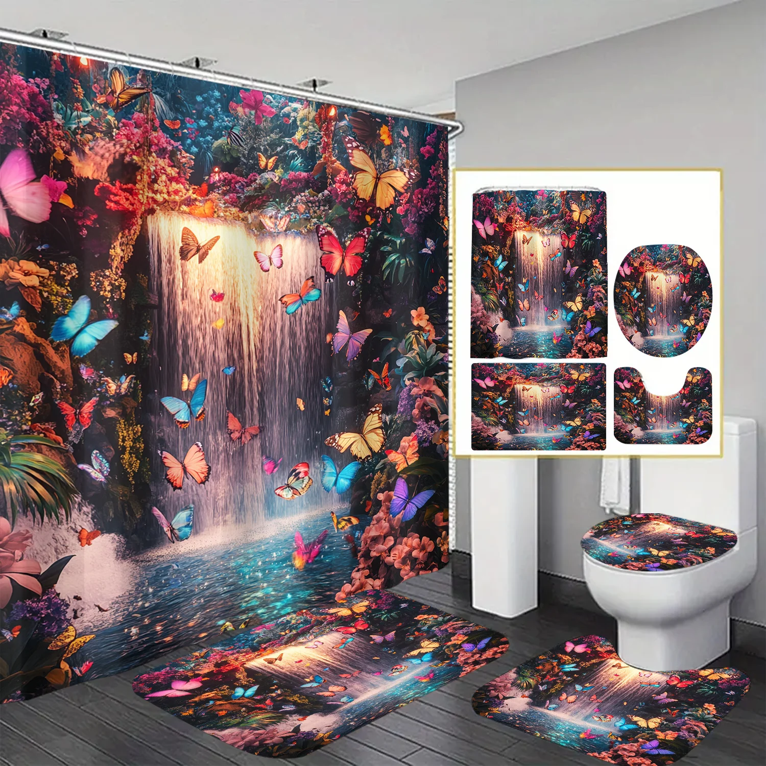 

Butterfly-themed shower curtain 12 hooks for room, home, hotel, machine washable curtains, bathroom,4pcs