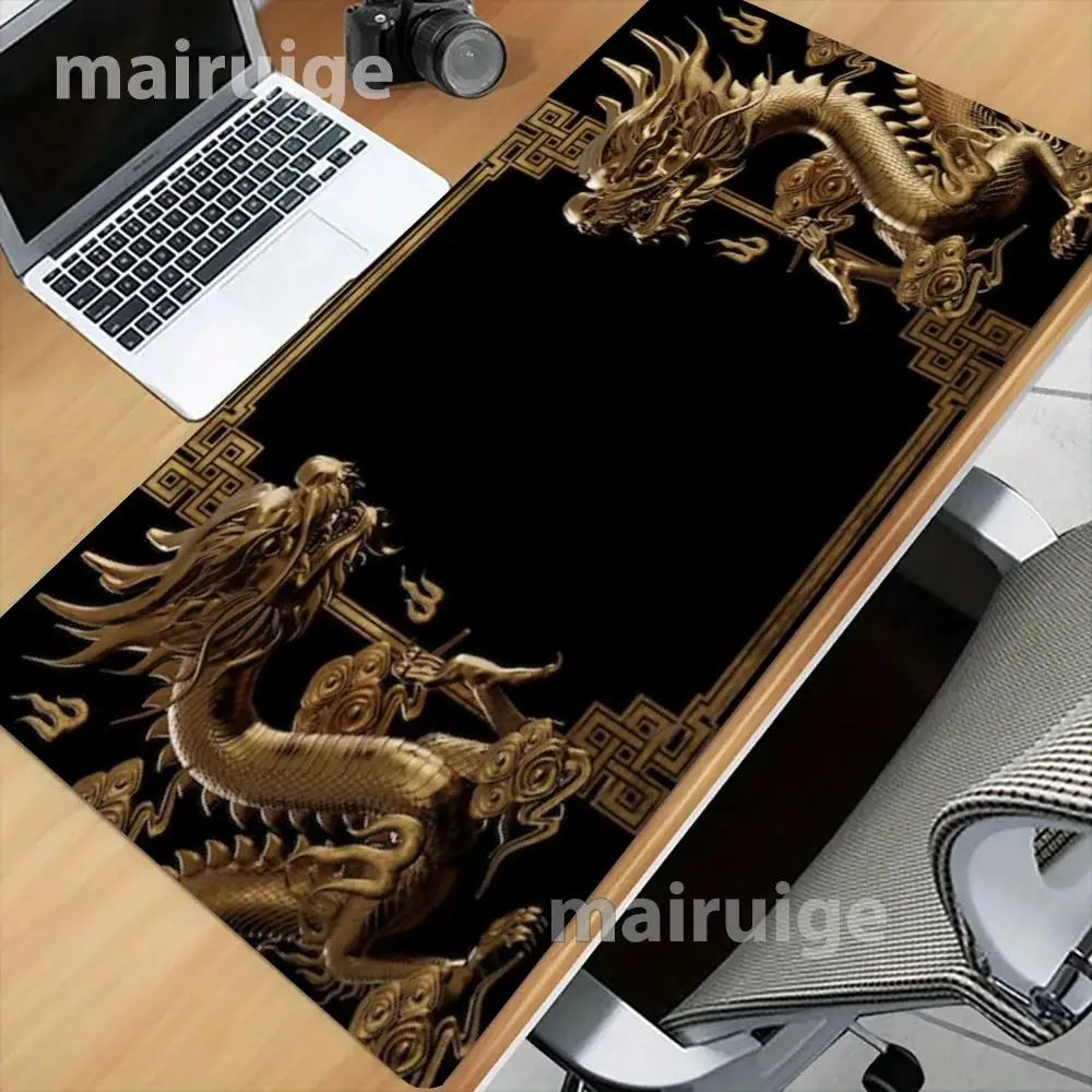 Twin Golden Dragon Ornate Frame On Deep Black Background Table Mat Large Size For Laptop Gaming Game Card Pad