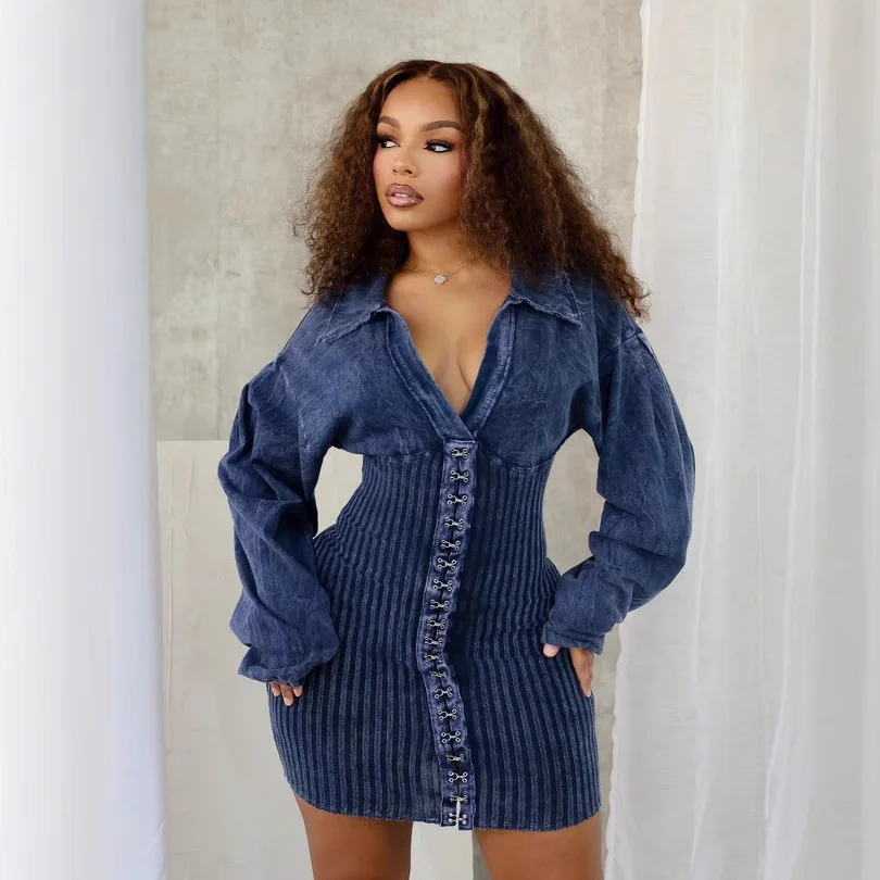 

European and American deep V women's one-piece dress, slim fit, figure-flattering, spliced long-sleeve denim jumpsuit