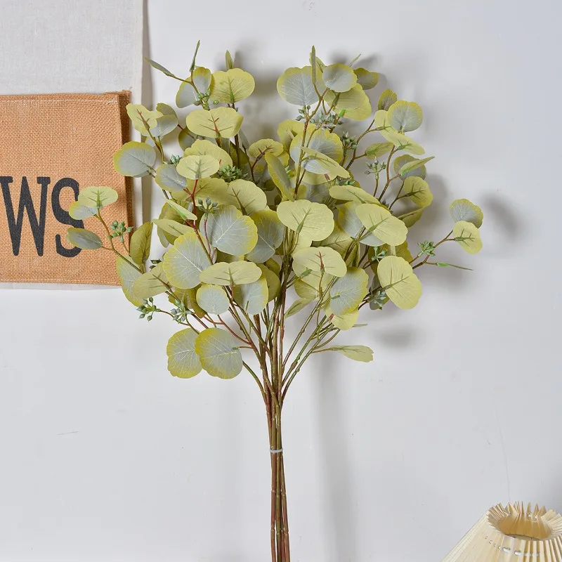 

10pcs Artificial Money Leaf Branch Plastic Green Plants Floral Wedding Decoration Simulation with Fruit Round Leaves Eucalyptus