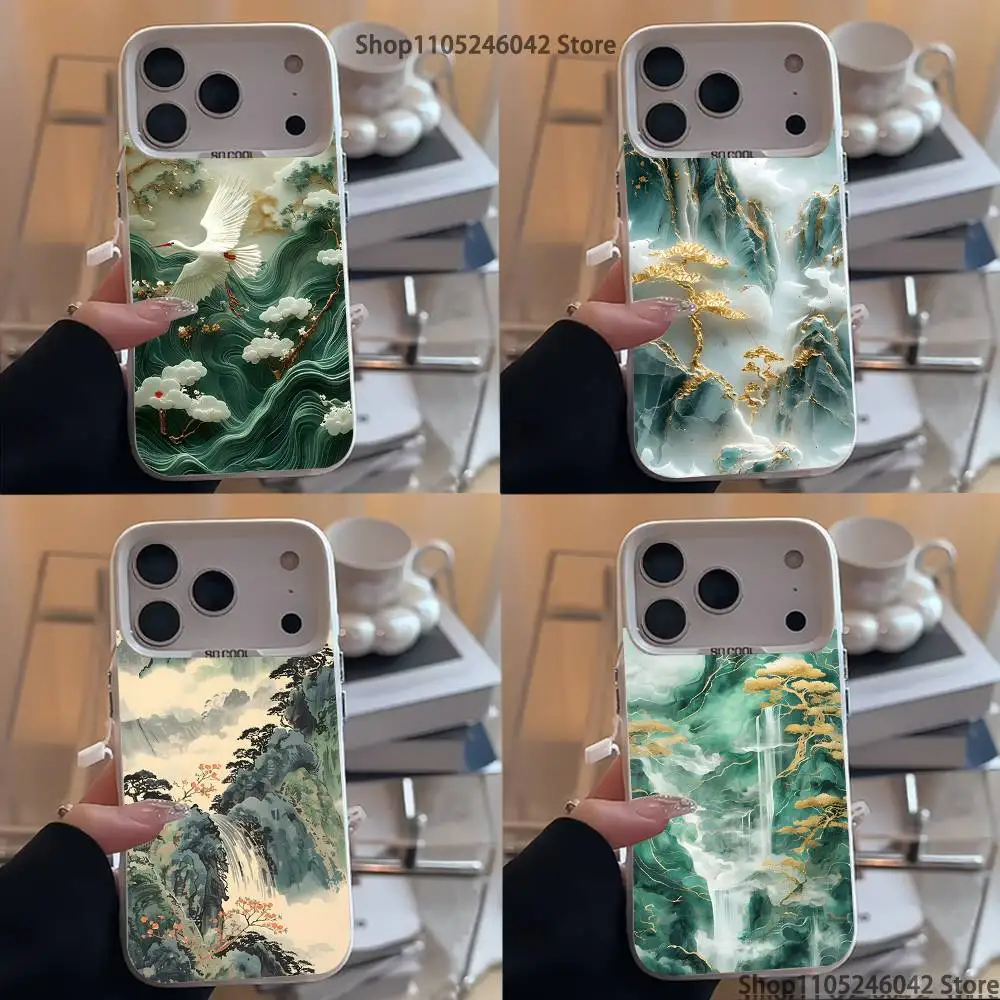 

Auspicious INS Green Mountain Chinese Style For iPhone 17,16,15,14,13,12,11,Mini,Pro,E,SE4 White Shockproof Candy Matte Cover