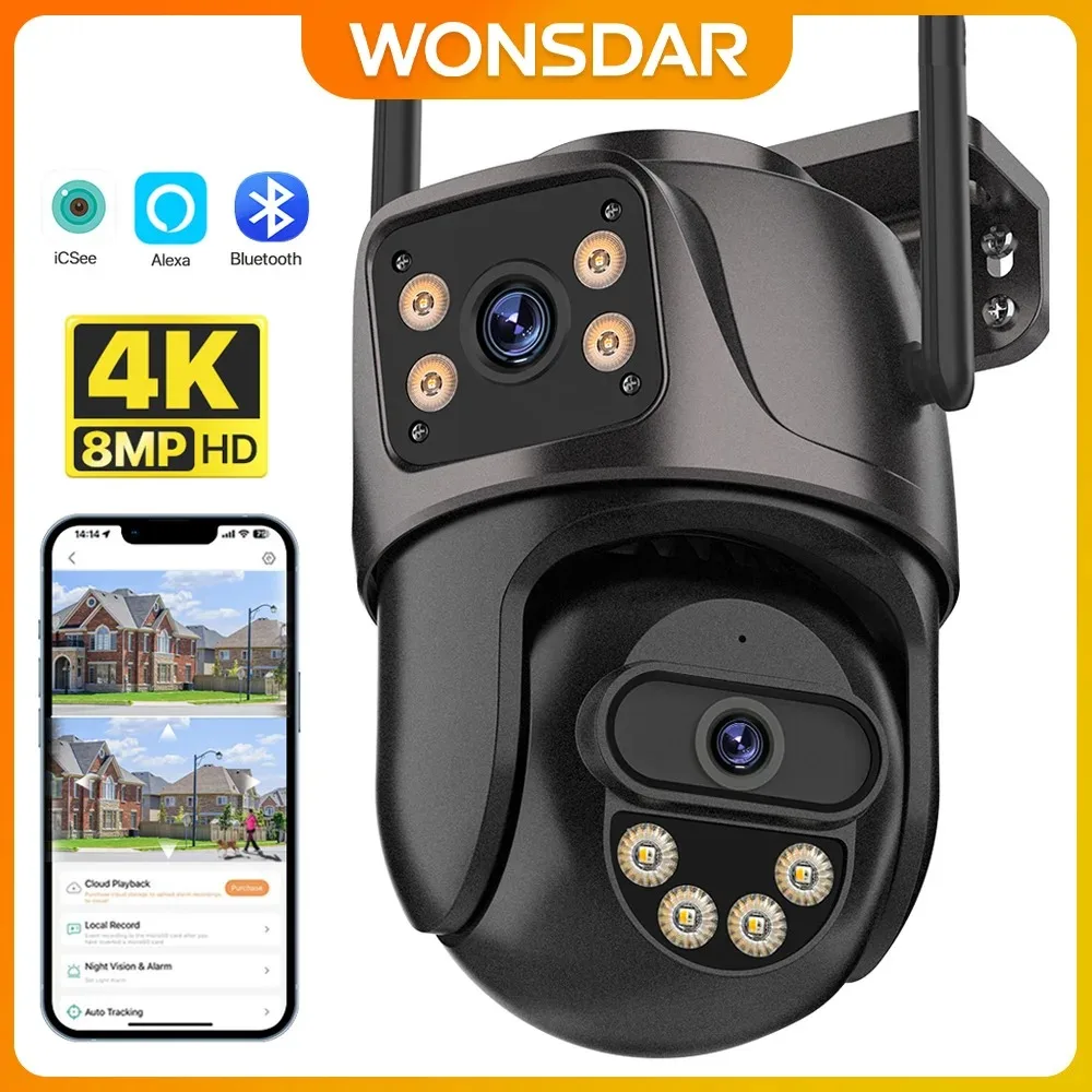 WONSDAR WIFI IP Camera Outdoor Dual Lens Security Camera 4MP Ai Human Detection Security Protection Waterproof Camera PTZ iCsee