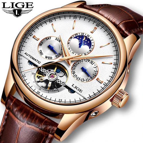 Imagen 2 del producto Relojes LIGE 2025 para Hombre, reloj mecánico automático Tourbillon, reloj deportivo, reloj de pulsera Retro informal de cuero para negocios, Relojes para Hombre