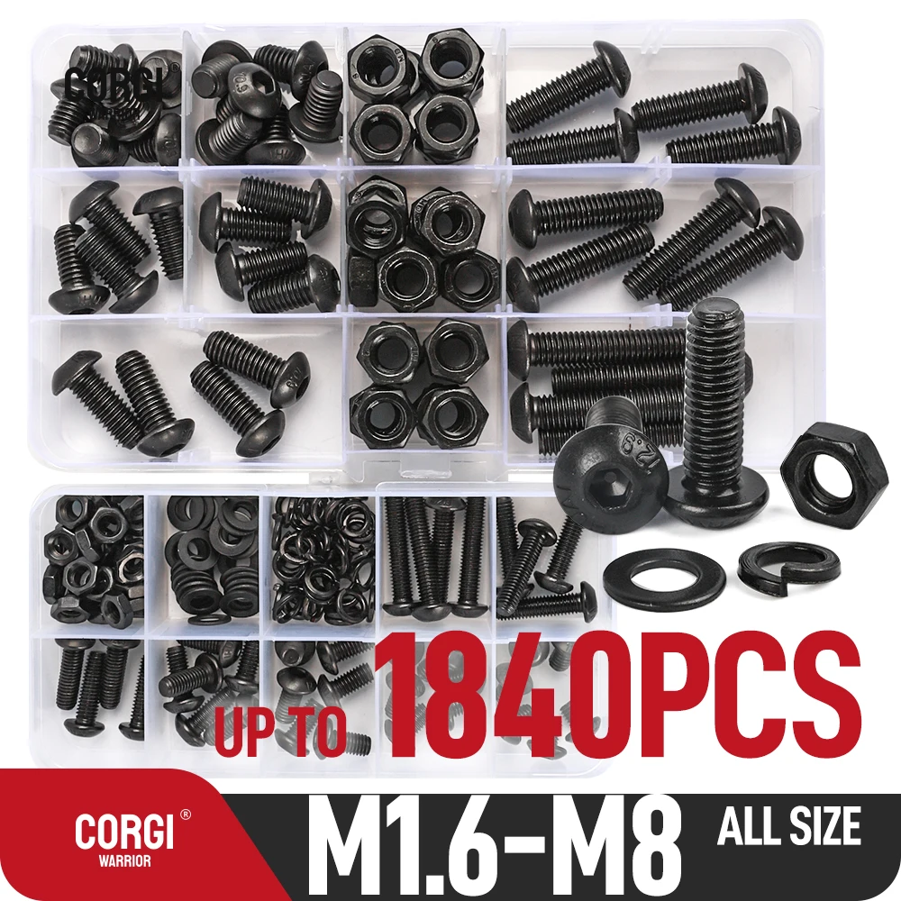 Hex Button Socket Head Cap Screws Set 72-1840  M1.6 M2 M2.5 M3 M4 M5 M6 M8 Black 10.9 Grade Allen Round Head UNC Bolt Assortment