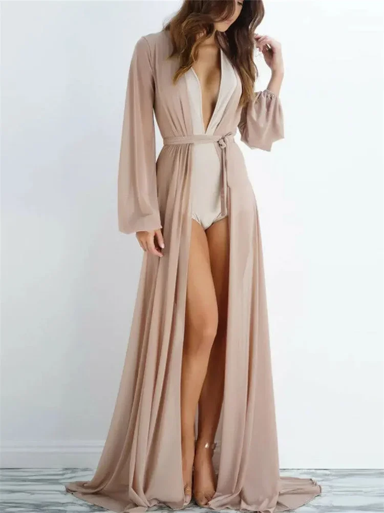 Women Bikini Cover-ups Solid Color Mesh Sheer Beach Long Dress See Through Cardigan Sexy Swimwear Cover Up Pareo Summer Fall