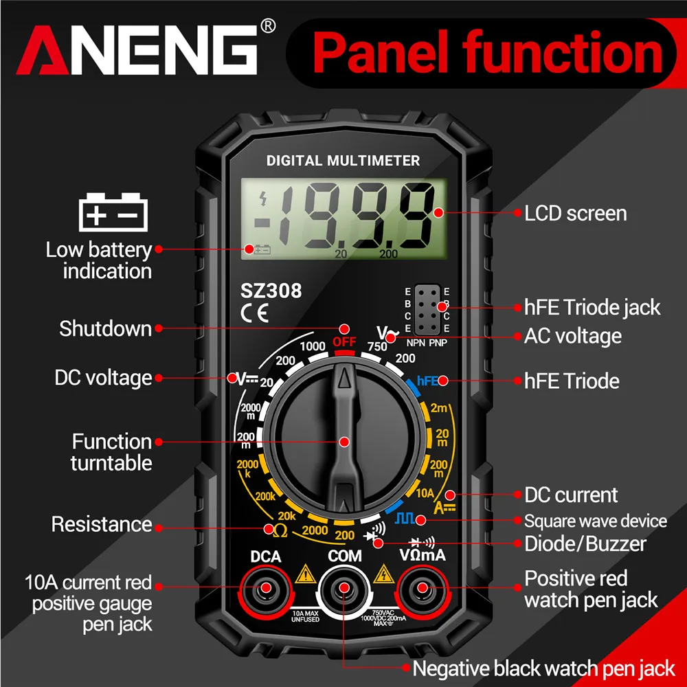 ANENG SZ308 1999 multimetr cyfrowy do liczenia AC i DC precyzyjny wielofunkcyjny tester napięcia i prądu narzędzie do testowania rezystancji