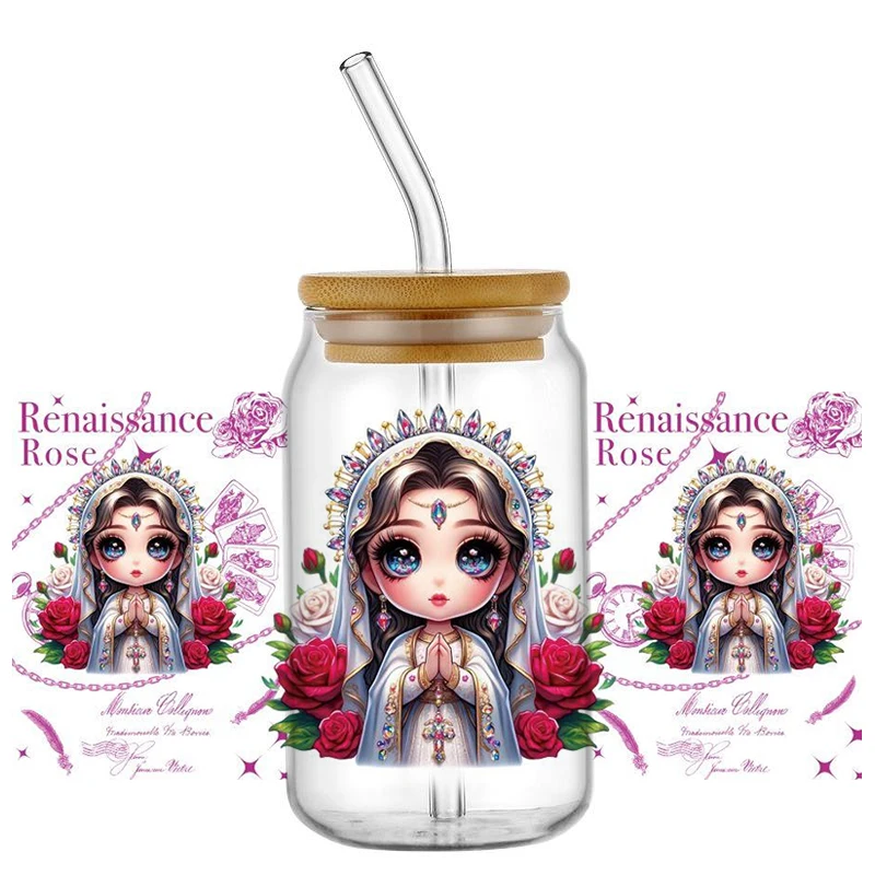 Beautiful Rose Girl 3D Waterproof UV DTF Cup Wrap For 16oz Libbey Cartoon Princess Glass Can DIY Transfer Sticker