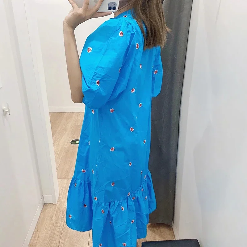 2024 Summer Dress Women Long Maxi Vintage Puff Sleeve Floral Embroidery Blue Loose Dress O-Neck Casual Female Clothing Korean