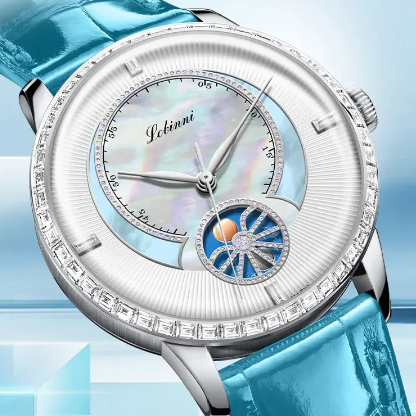 LOBINNI Women Automatic Watch Ladies Meachanical WristWatch Luxury Waterproof Austria Crystal Sapphire Pearl Dial Sun Moon Dial