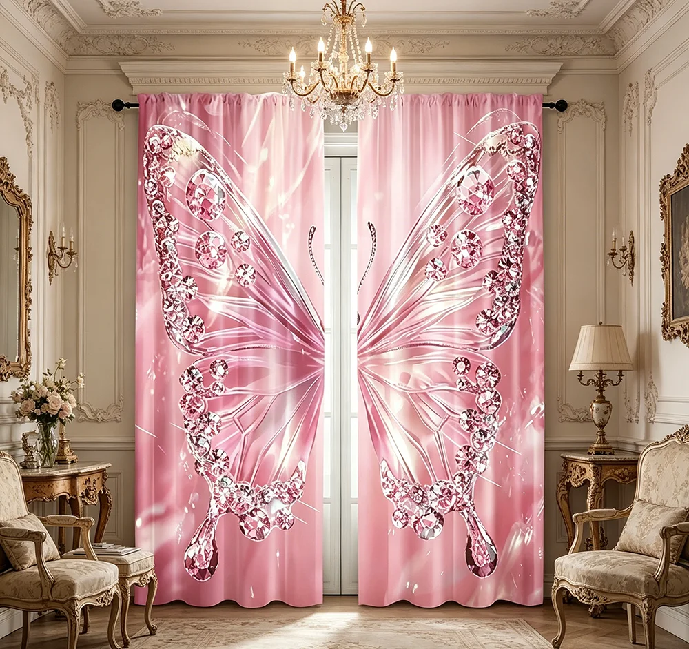 2PCS Digital Printed Curtains, Pink Diamond Butterfly Glam Sparkly, Rod Pocket Window Drapes for Living Room Bedroom Decor