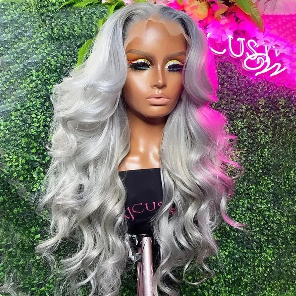 

Silver Grey Body Wave Lace Frontal Wig Pre Plucked 13x4 HD Lace Wig Heat Resistant Fiber Wig High Quality Daily Wear Cosplay